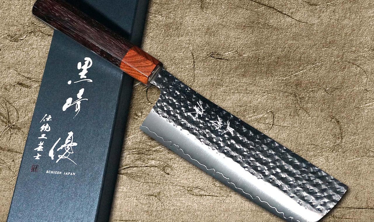 Yu Kurosaki R2(SG2) Hammered SENKO-EI WA RS8H Japanese Chef's Nakiri (Vegetable) Knife 165mm with Brown-Ring Octagonal Handle